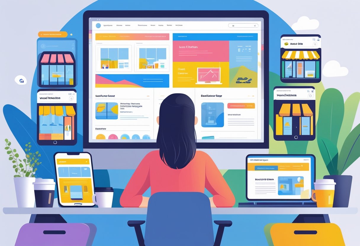 A designer working at a desk with computer screens showing website layouts, surrounded by small models representing local businesses like a café and shop.