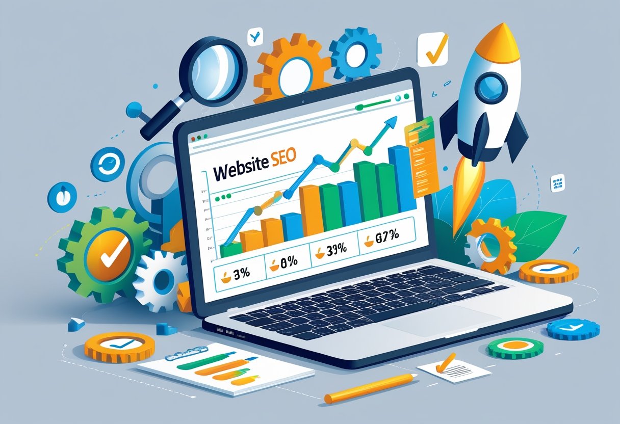 A laptop showing upward trending SEO graphs surrounded by icons of gears, a rocket, magnifying glasses, and checklists representing fast website optimization.
